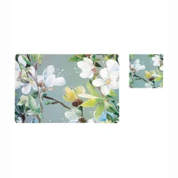 OBSESSIONS Green & White 12 Pieces Floral Printed Mats & Coaster Table Placemats-42