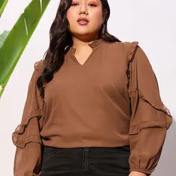 SASSAFRAS Curve Plus Size V-Neck Ruffles Georgette Top-image-6