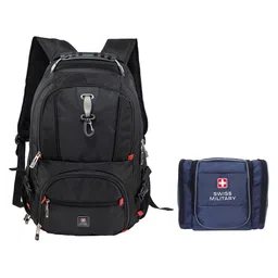 SWISS MILITARY Unisex Set Of 2 Black & Blue Backpack with USB Charging Port & Toiletry Bag-31