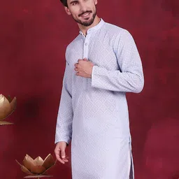 Jompers Geometric Embroidered Chikankari Band Collar Long Sleeve Collar Georgette Kurta-image-68