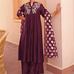 Janasya Ethnic Motifs Embroidered Chanderi Silk Kurta with Palazzos & With Dupatta-picture-17