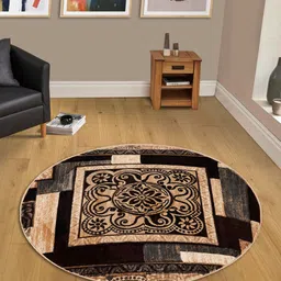 OBSESSIONS Beige & Brown Traditional Self-Design Anti-Bacterial Round Carpet-27
