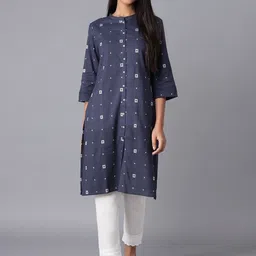 W Women Navy Blue Geometric Kurta-image-99