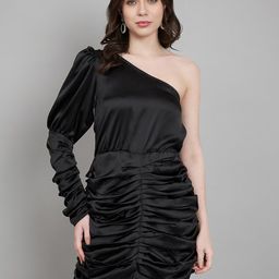 Amagyaa One Shoulder Puff Sleeve Gathered or Pleated Asymmetric Mini Sheath Party Dress-image-39