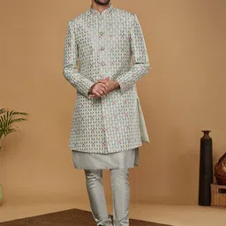KISAH Printed Chanderi Silk Kurta With Sherwani And Churidar-image-10