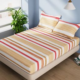 BIANCA Serina Beige & Red Striped Cotton 144 TC Queen Bedsheet With 2 Pillow Covers-image-18