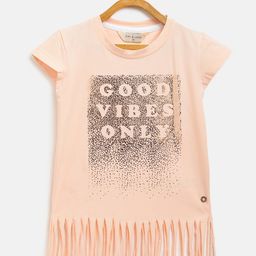 Gini and Jony Girls Peach-Coloured & Rose Gold-Toned Printed Fringed Top-image-13
