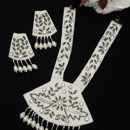 Dhrohar White Stone Studded & Beaded Jewellery Set-image-42