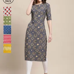 1 Stop Fashion Women Pack of 6 Yellow & Grey Geometric Printed Crepe Kurtas-image-27