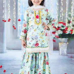 Little Bansi Girls Cotton Floral Print Kurta Sharara & Dupatta-picture-27