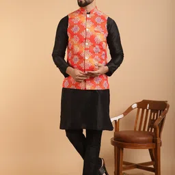SOJANYA Ethnic Print Mandrain Collar Kurta With Churidar & Nehru Jacket-picture-33