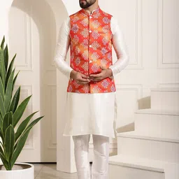 SOJANYA Mandarin Collar Kurta With Churidar & Nehru Jacket-image-95