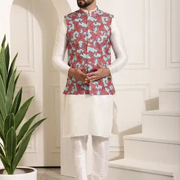 SOJANYA Mandarin Collar Kurta With Churidar & Printed Nehru Jacket-picture-26