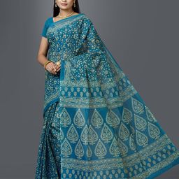 SHANVIKA Green Floral Pure Cotton Block Print Saree-41
