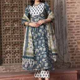 Sangria Navy Blue Floral Printed Pure Cotton Anarkali Kurta With Trouser & Dupatta-picture-15