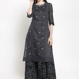 KALINI Embroidered Straight Long Kurta With Printed Inner-image-78