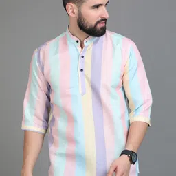 Bought First Striped Mandarin Collar Pure Cotton Short Kurta-49