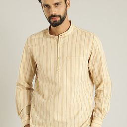 Indian Terrain Band Collar Striped Woven Design Cotton Kurta-image-31