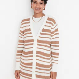 Trendyol Women Camel Brown Acrylic Striped Striped Longline Cardigan-18