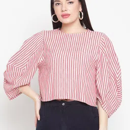 Amagyaa Red & White Puff Sleeve Striped Top-picture-17