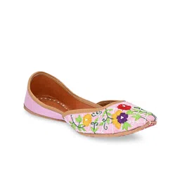 Sringam Women Pink Embroidered & Embellished Leather Ethnic Mojaris Flats-image-21