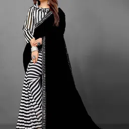 B4ME COM Black & White Striped Pure Georgette Half and Half Leheriya Saree-picture-6
