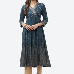 Biba Women Teal & Silver-Toned Ethnic Motifs Printed Thread Work Anarkali Kurta-image-11