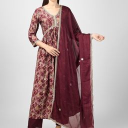 CELEBRAVO Abstract Printed Threadi Work Chanderi Silk Kurta with Trousers & Dupatta-image-77