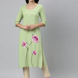 Neerus Women Olive Green Ethnic Motifs Embroidered Thread Work Floral Kurta-image-25