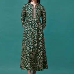 KALINI Floral Printed Mandarin Collar Midi Fit & Flare Ethnic Dress-image-44