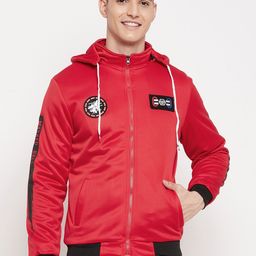 Camey Men Red Black Colourblocked Lightweight Polyester Hooded Bomber Jacket-image-42