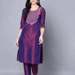 Subh LAXMI Floral Embroidered Mirror Work Regular Straight Kurta With Trousers-41