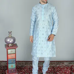 Exotic India Floral Embroidered Regular Mirror Work Straight Kurta with Pyjamas-image-18
