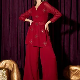indo street Ethnic Motifs Embroidered Sequined Pleated A-Line Kurta With Palazzos-image-3
