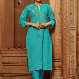 WOMEN PLUS Ethnic Motifs Embroidered Regular Thread Work Pure Cotton Straight Kurta Set-29
