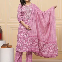 AVYCO Floral Printed Sequinned Round Neck Pure Cotton Kurta With Trousers & Dupatta-55