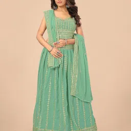 Nityanta Fab Turquoise Blue & Gold-Toned Embroidered Patchwork Semi-Stitched Lehenga & Unstitched Blouse-11