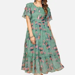KALINI Women Sea Green & Pink Floral Printed Flared Sleeves Anarkali Kurta-image-21