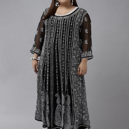 ADA Women Black & Black Ethnic Motifs Chikankari Georgette Plus Size Anarkali Kurta-19