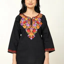 CRAFTBAZAR Floral Embroidered Notched Pure Cotton Straight Kurti-37