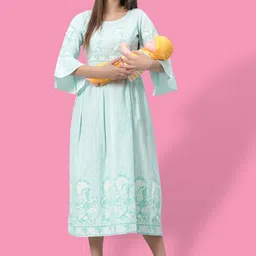 True Shape Floral Printed Bell Sleeves Maternity Dress with Nursing Zips-image-14