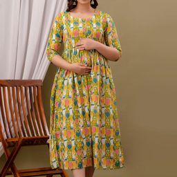 NITVAN Floral Printed Round Neck Gathered Cotton Fit & Flare Maternity Ethnic Dress-image-101