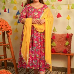 NANGALIA RUCHIRA Plus Size Ethnic Motifs Printed Pure Cotton Kurta With Trousers & Dupatta-14