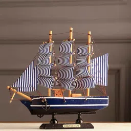 exim decor Wooden 7.5 inches Navy Blue with Striped Mast Sailing Ship Showpiece by Exim D cor-picture-48