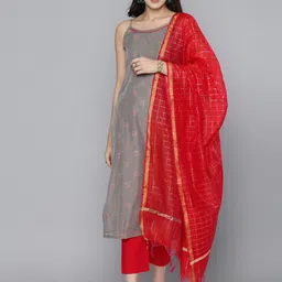 Kvsfab Woven Design Zari Chanderi Cotton Kurta with Trousers & With Dupatta-53
