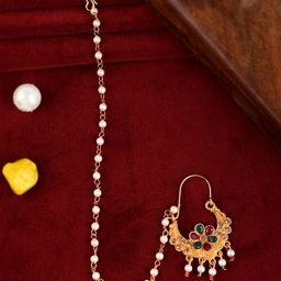 Silvermerc Designs Gold-Plated White & Red Stone-Studded & Pearl Beaded Enamelled Chained Nosering-picture-16