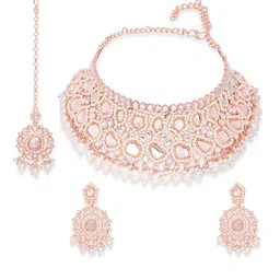 VATSALYA creation Rose Gold-Plated White Stone-Studded & Pearl Beaded Jewellery Set-image-37