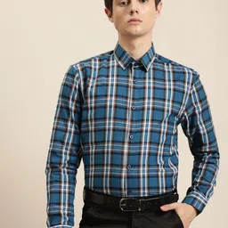 SOJANYA Men Teal Blue & White Pure Cotton Regular Fit Checked Formal Shirt-image-23