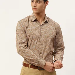 SOJANYA Men Mustard Yellow & Off-White Classic Printed Cotton Formal Shirt-image-99