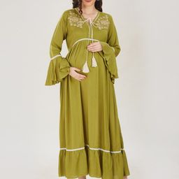 Mom For Sure by Ketki Dalal Women Embroidered Tie-Up Neck Maternity Cum Nursing Maxi Dress-image-98